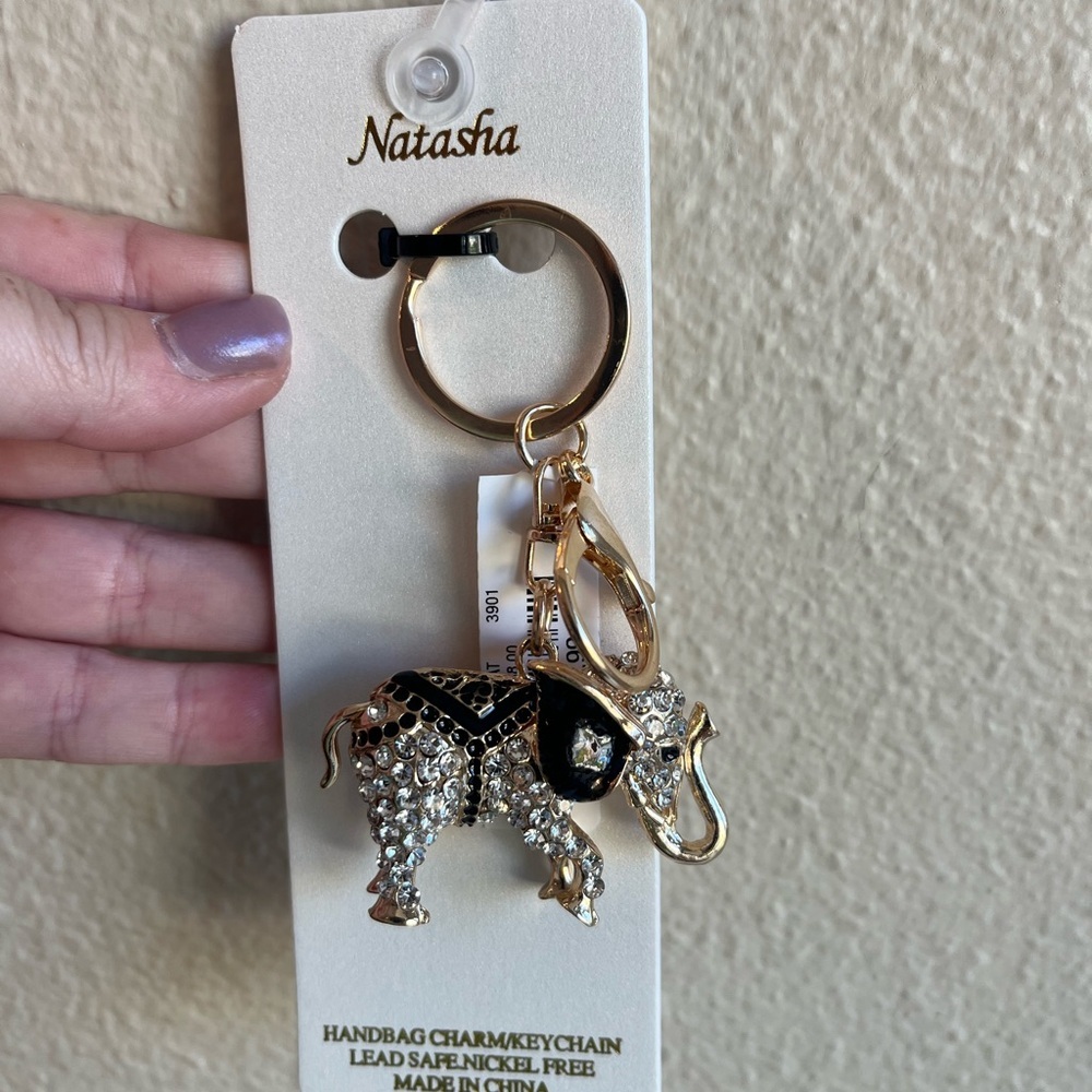 Natasha Gold and Black Elephant Keychain Bag Charm